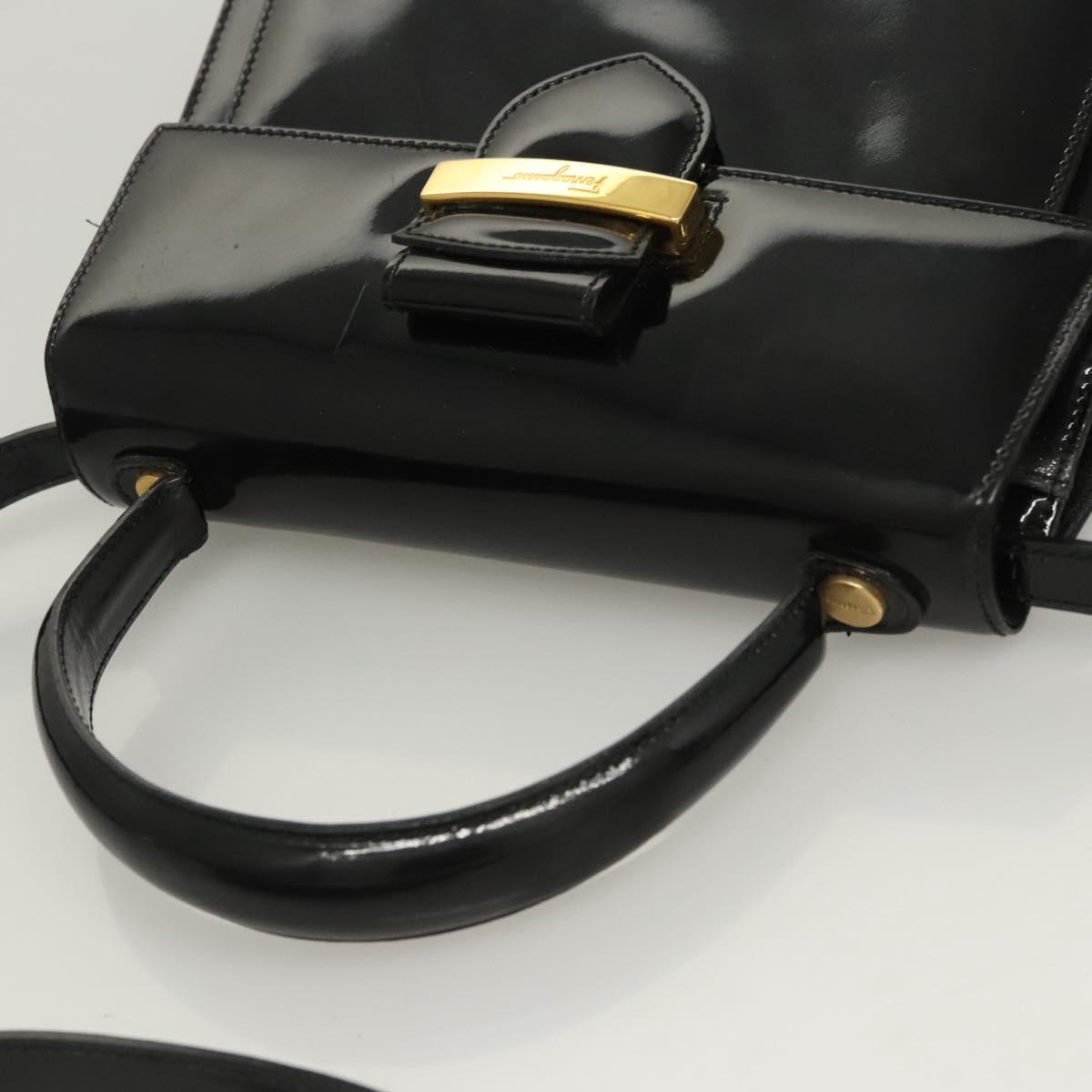 Salvatore Ferragamo Hand Bag Enamel 2way Black Gold Auth bs25832