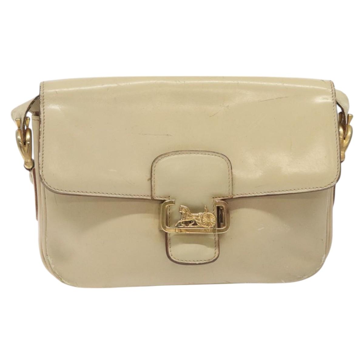 CELINE Shoulder Bag Leather White Gold Auth bs25844