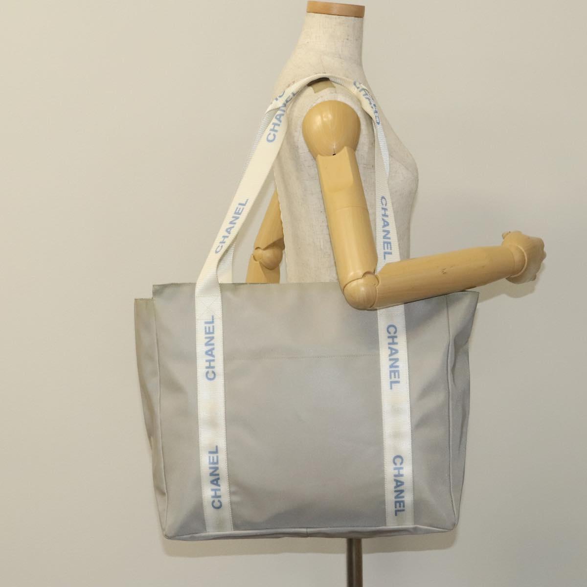 CHANEL Sports Line Tote Bag Nylon Gray Silver CC Auth bs25879