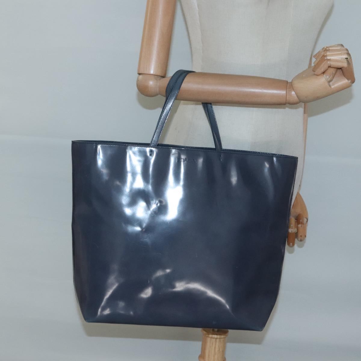 PRADA Hand Bag Enamel Navy Silver Auth bs25904
