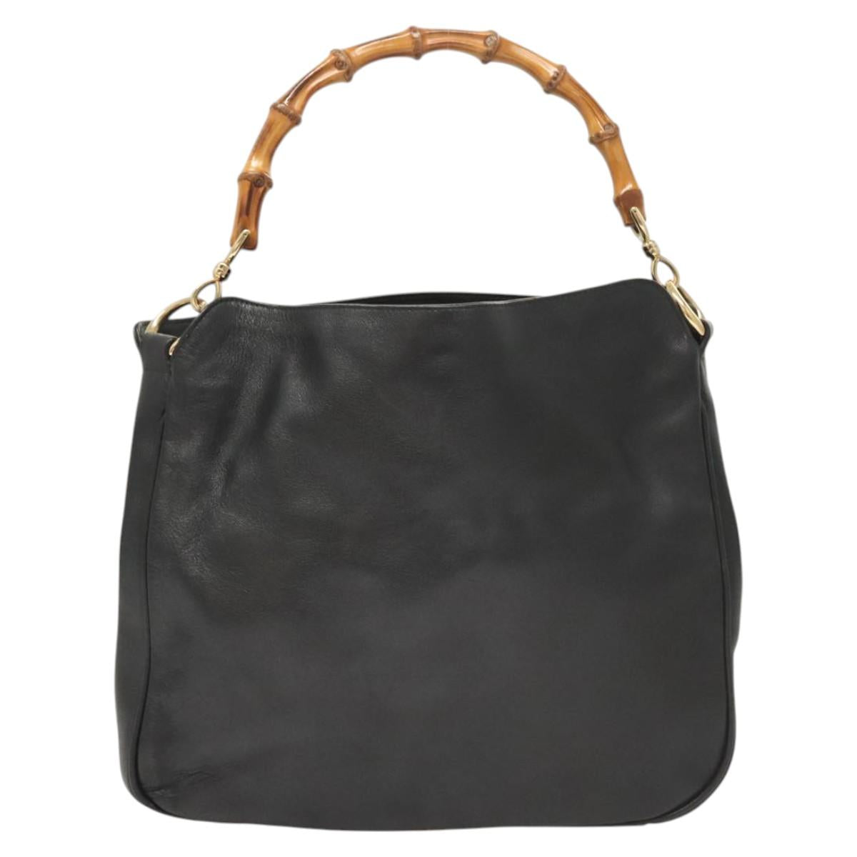 GUCCI Bamboo Hand Bag Leather Black Gold 001 3754 1638 Auth bs25926