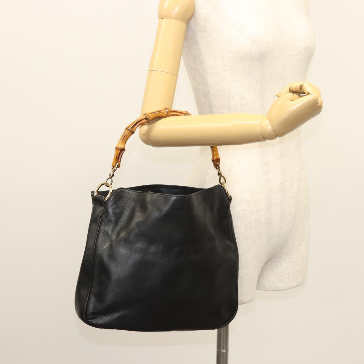 GUCCI Bamboo Hand Bag Leather Black Gold 001 3754 1638 Auth bs25926