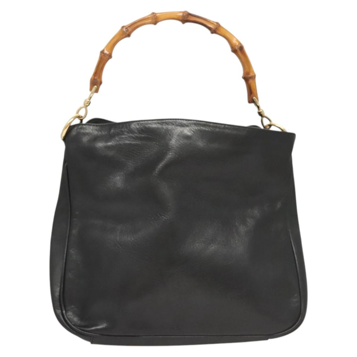 GUCCI Bamboo Hand Bag Leather Black Gold 001 3754 1638 Auth bs25926