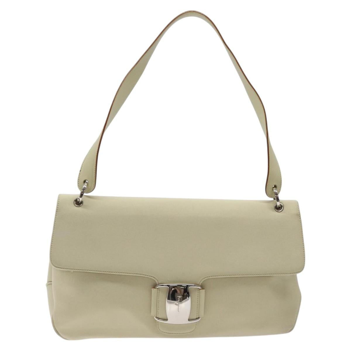 Salvatore Ferragamo Gancini Shoulder Bag Canvas White Silver Auth bs25930