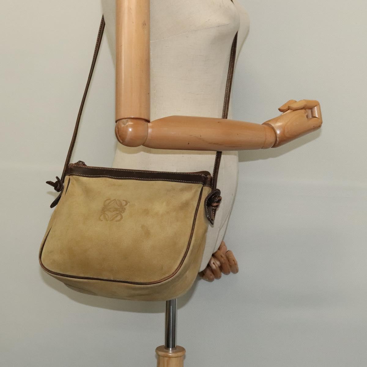 LOEWE Anagram Shoulder Bag Suede Beige Gold Auth bs25935