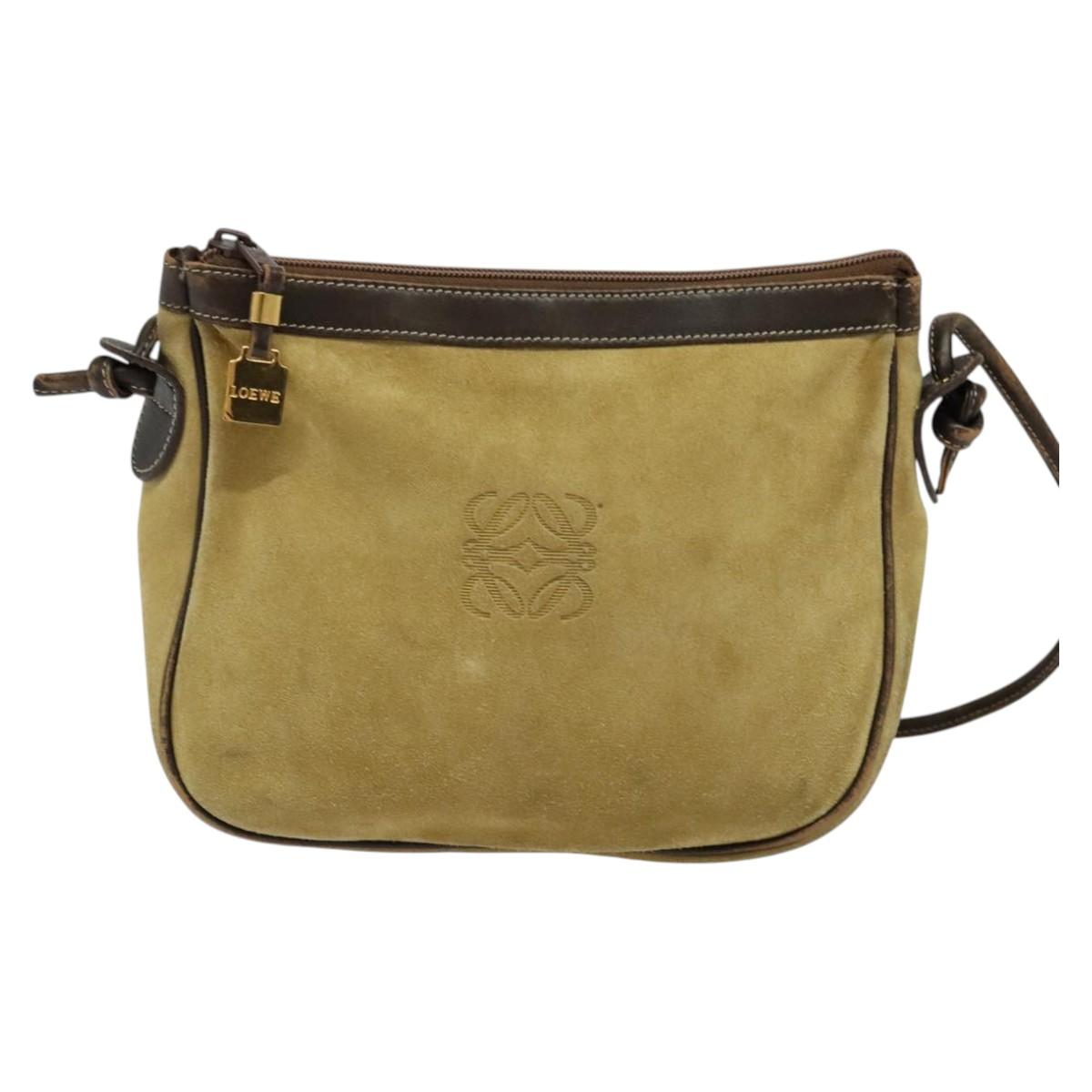 LOEWE Anagram Shoulder Bag Suede Beige Gold Auth bs25935