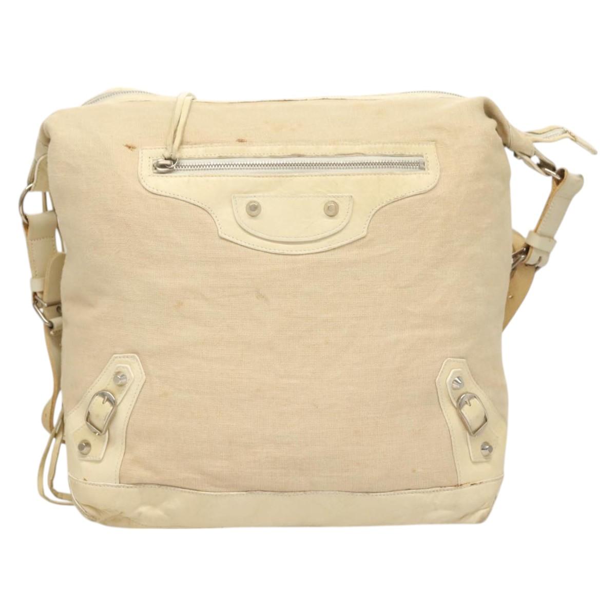 BALENCIAGA The Day Shoulder Bag Canvas Beige Silver 141175 Auth bs26003