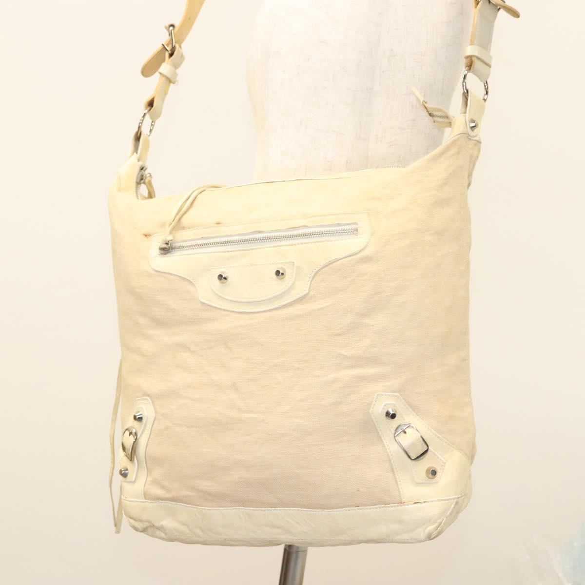 BALENCIAGA The Day Shoulder Bag Canvas Beige Silver 141175 Auth bs26003