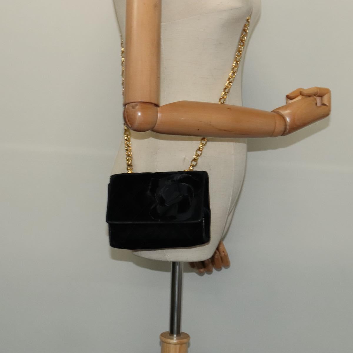 CHANEL Matelasse Camellia Chain Shoulder Bag Velor Black Gold CC Auth bs26015