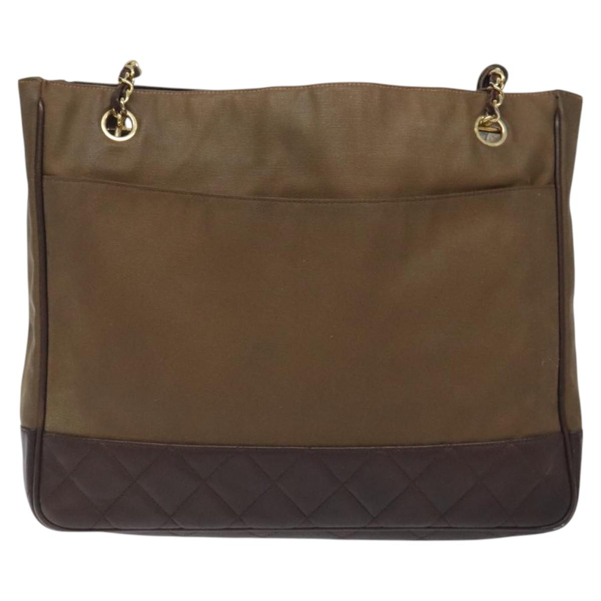 CHANEL Chain Tote Bag Coated Canvas Leather Brown Gold CC Auth bs26043