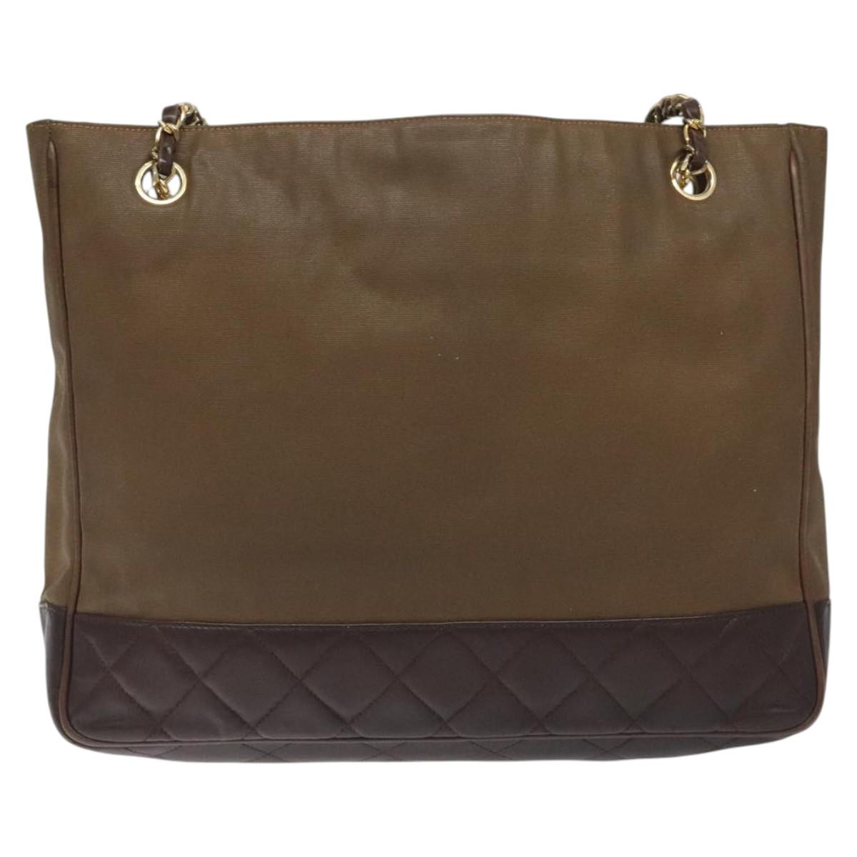 CHANEL Chain Tote Bag Coated Canvas Leather Brown Gold CC Auth bs26043