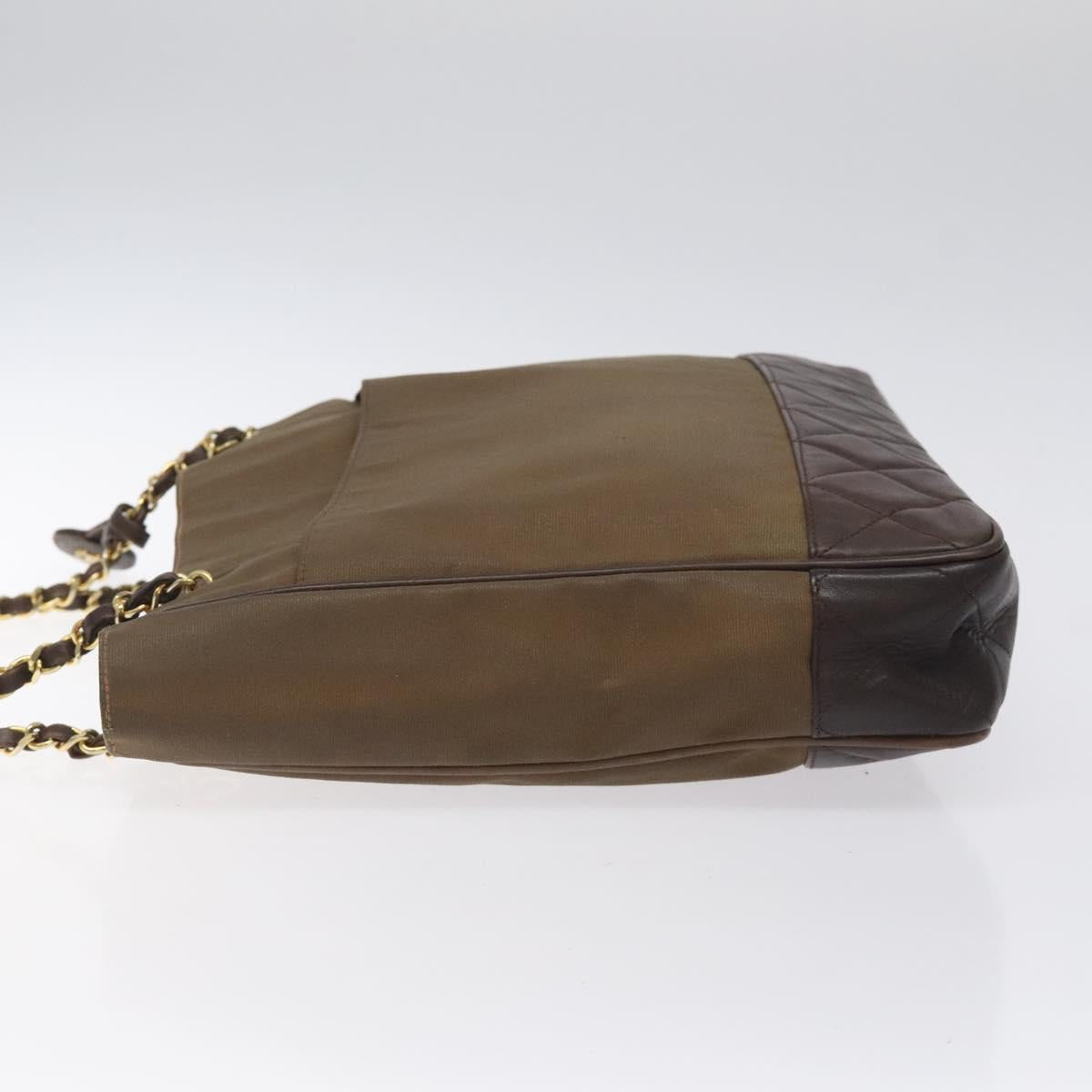 CHANEL Chain Tote Bag Coated Canvas Leather Brown Gold CC Auth bs26043