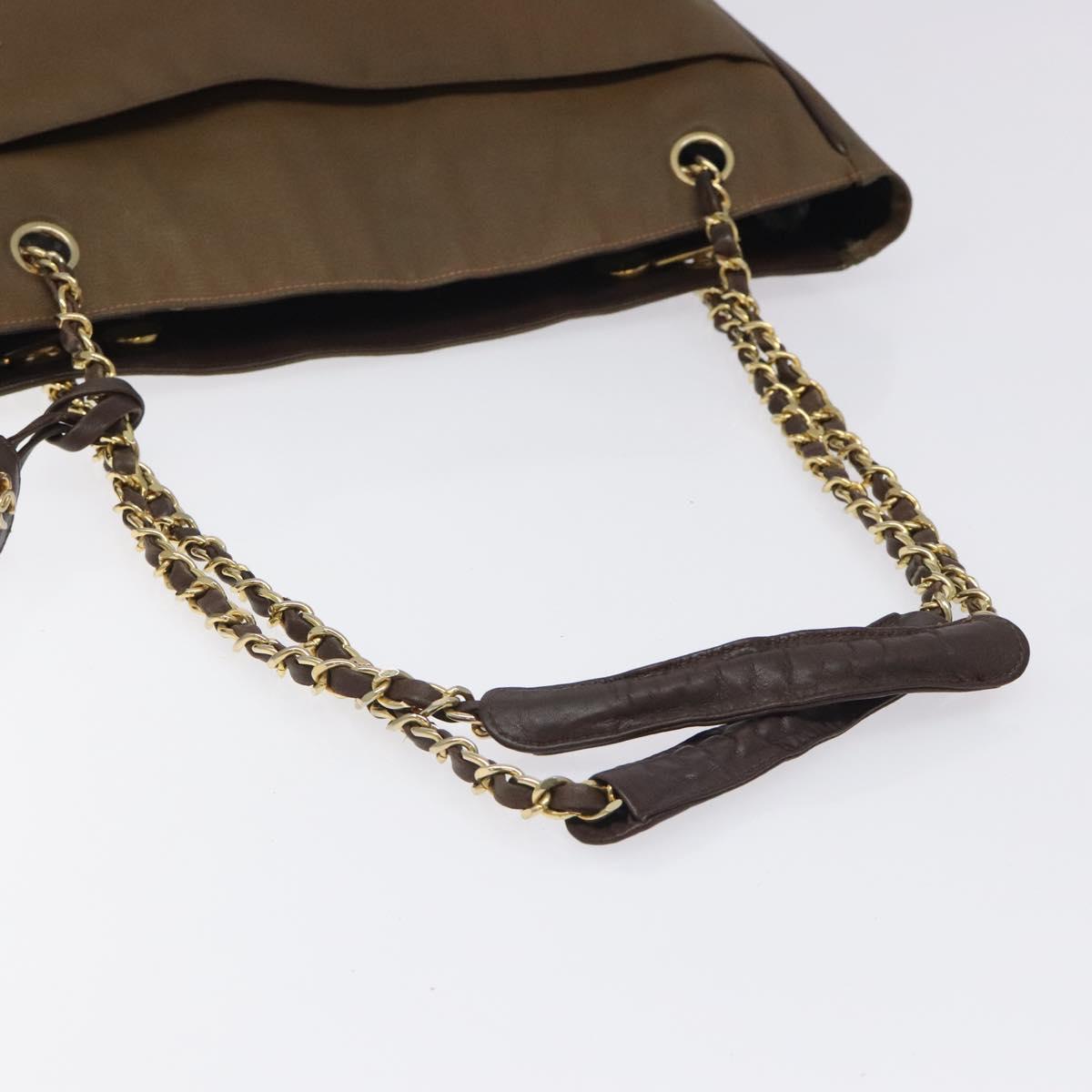 CHANEL Chain Tote Bag Coated Canvas Leather Brown Gold CC Auth bs26043