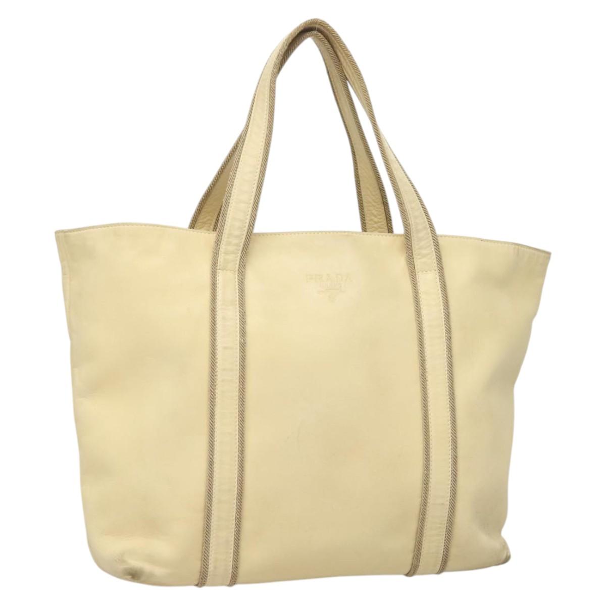 PRADA Hand Bag Leather Cream Silver Auth bs26047
