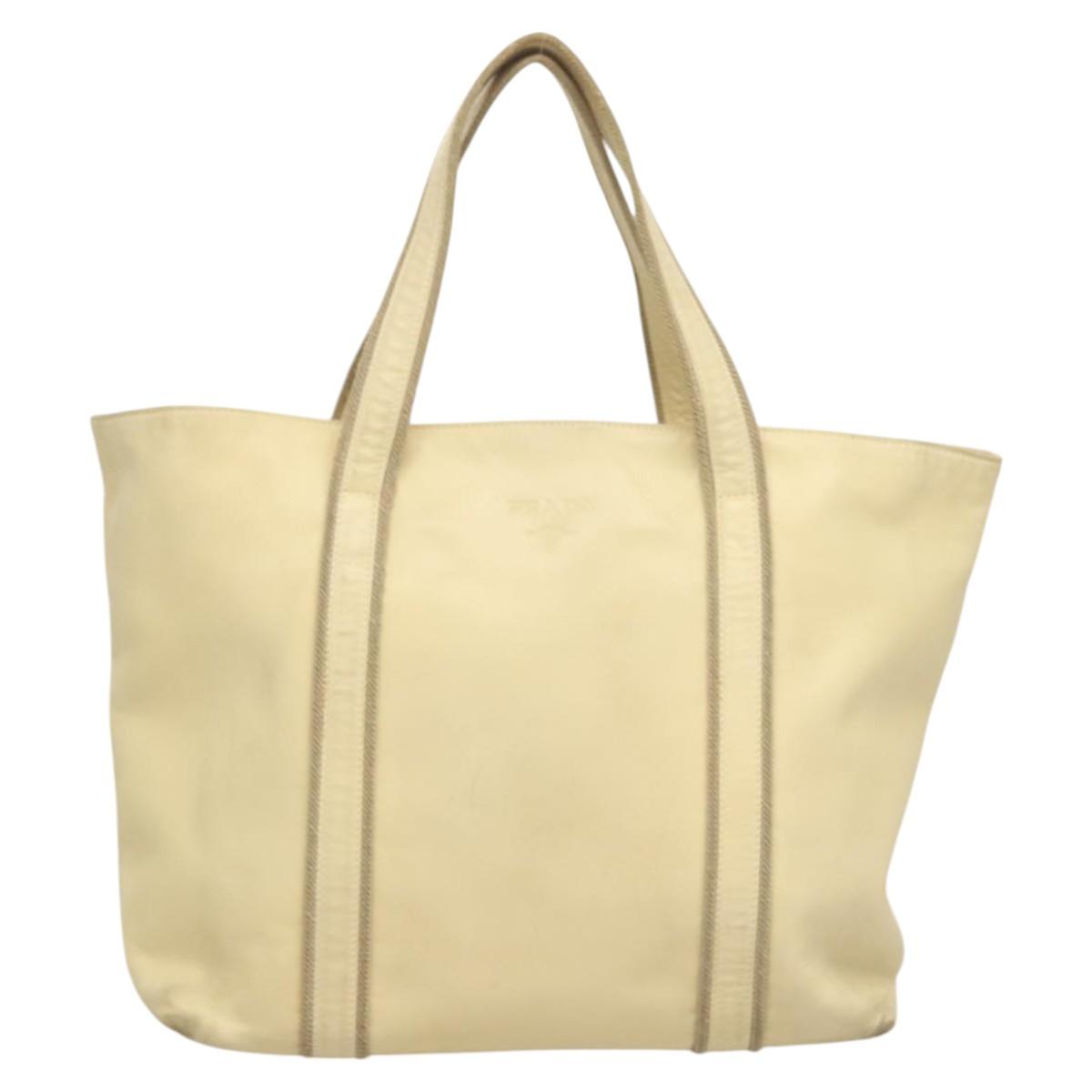 PRADA Hand Bag Leather Cream Silver Auth bs26047