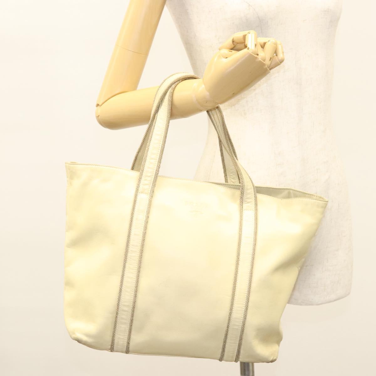 PRADA Hand Bag Leather Cream Silver Auth bs26047