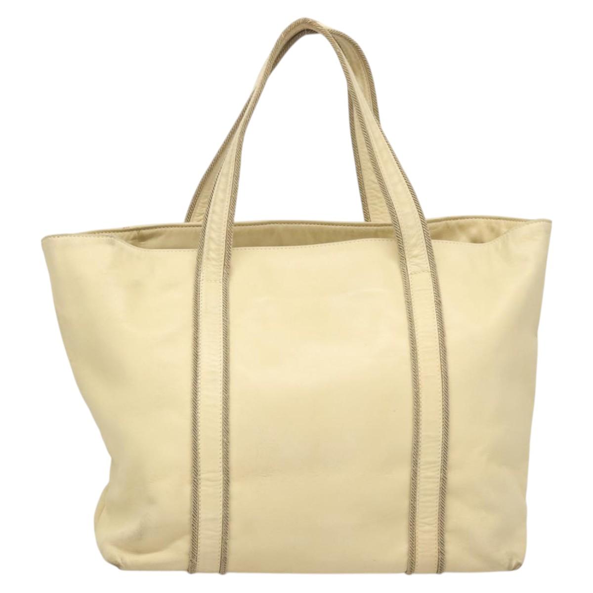 PRADA Hand Bag Leather Cream Silver Auth bs26047