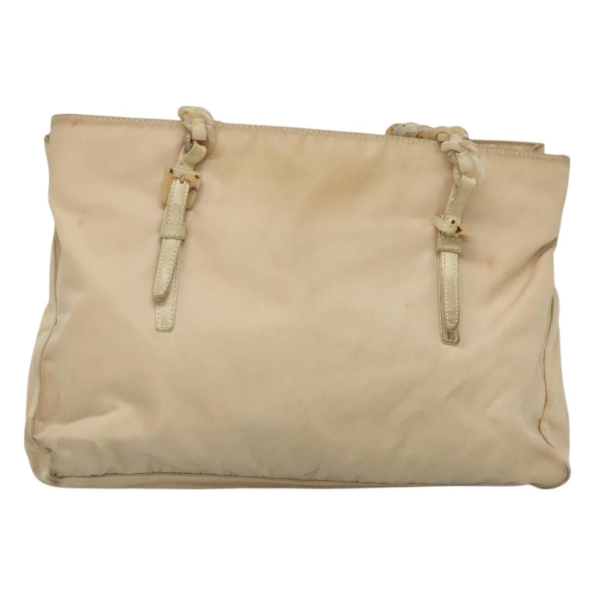 PRADA Chain Shoulder Bag Nylon Beige Silver Auth bs26049