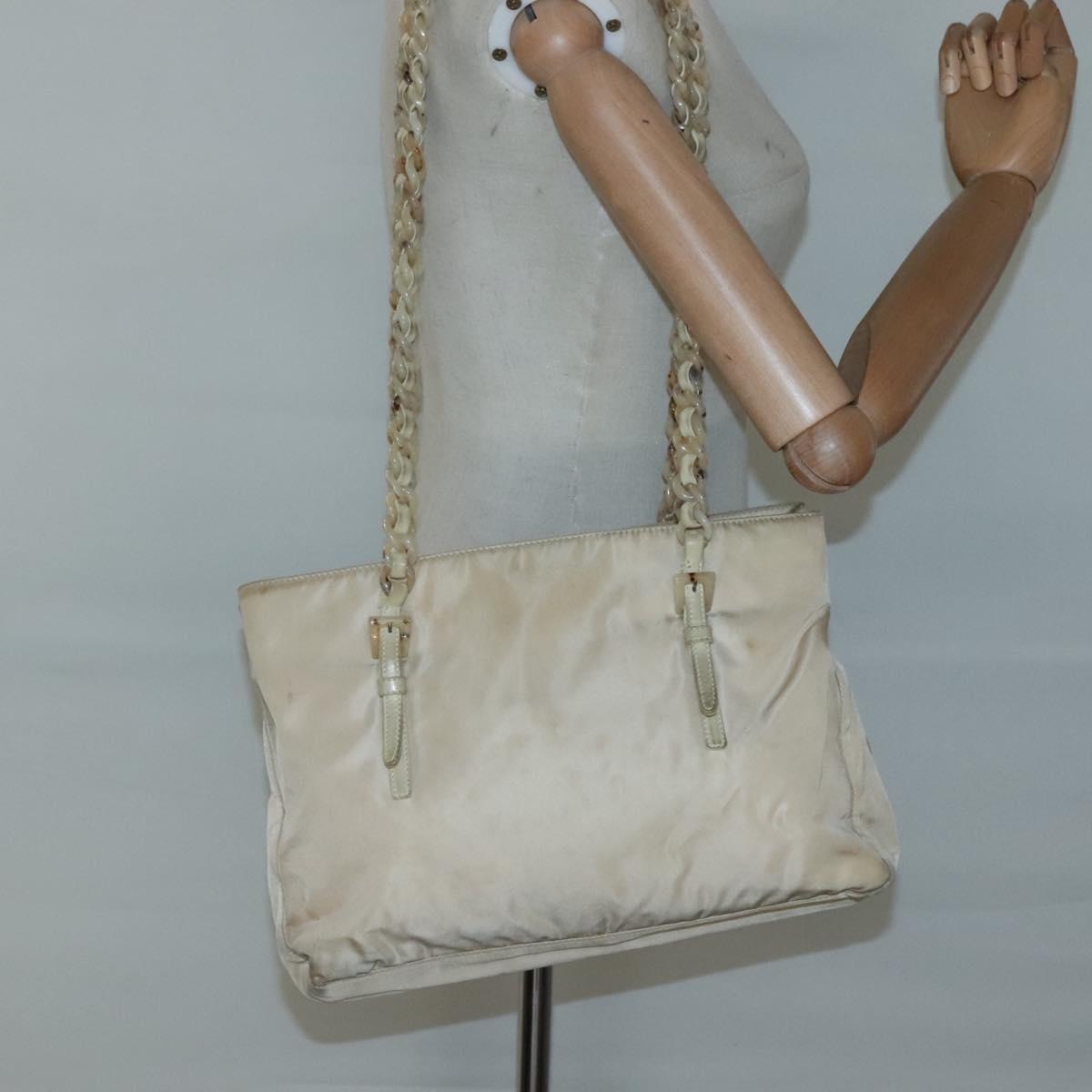 PRADA Chain Shoulder Bag Nylon Beige Silver Auth bs26049
