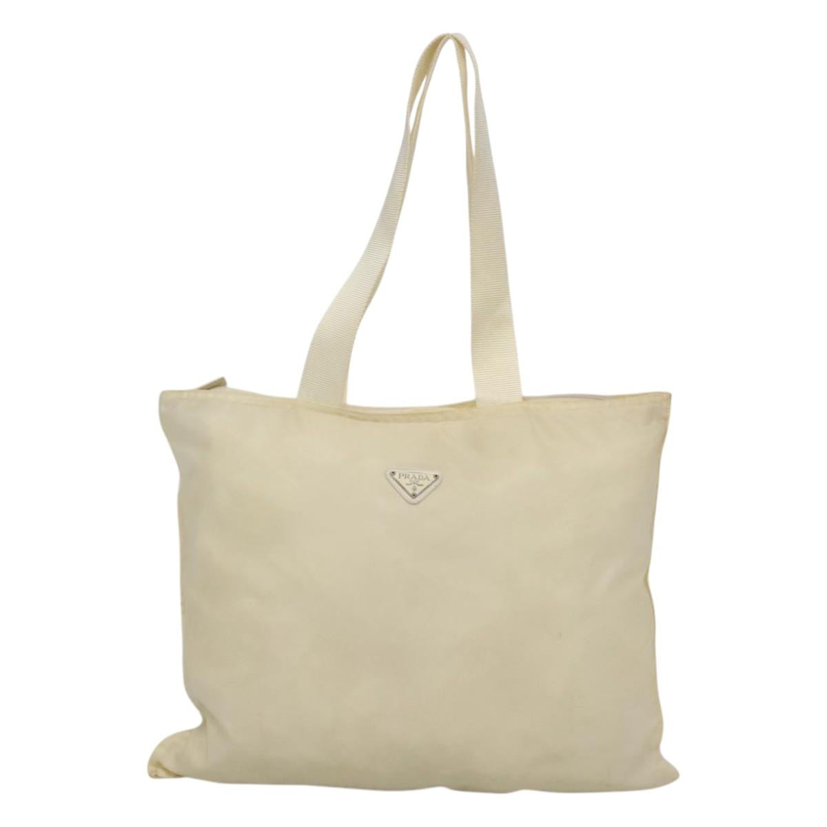 PRADA Tote Bag Nylon Cream Silver Auth bs26062