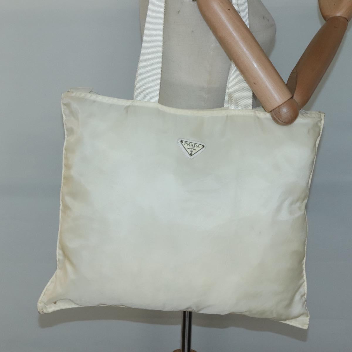 PRADA Tote Bag Nylon Cream Silver Auth bs26062