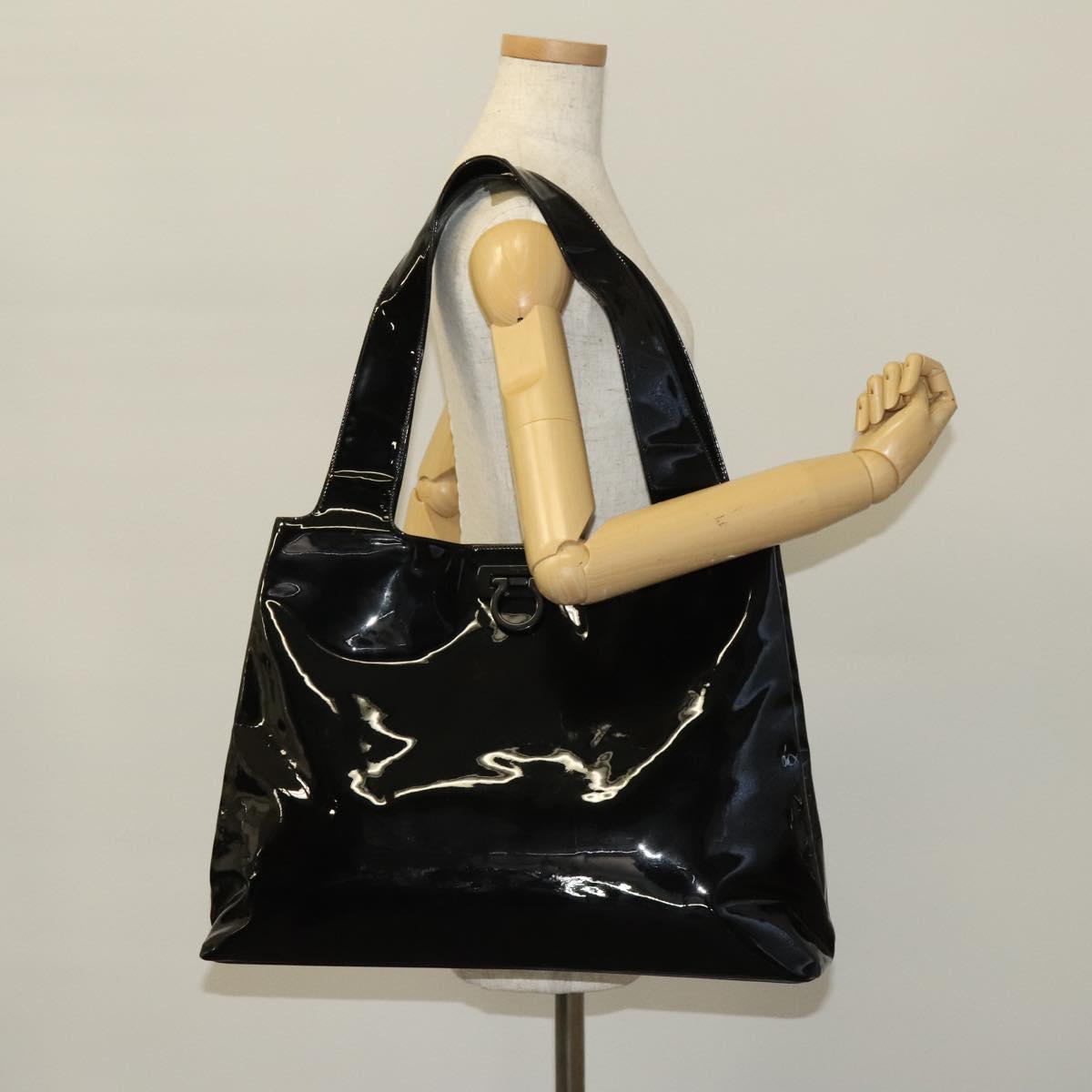 Salvatore Ferragamo Gancini Tote Bag Enamel Black Auth bs26078