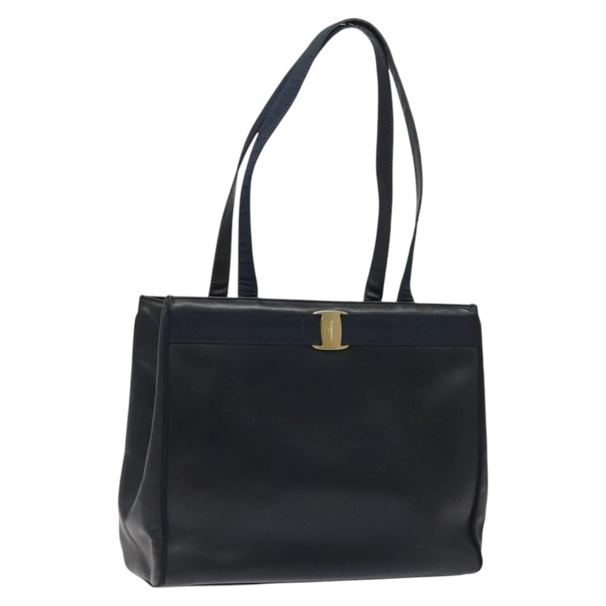 Salvatore Ferragamo Vala Tote Bag Leather Navy Gold Auth bs26090