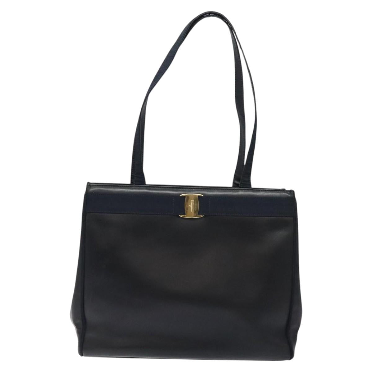 Salvatore Ferragamo Vala Tote Bag Leather Navy Gold Auth bs26090