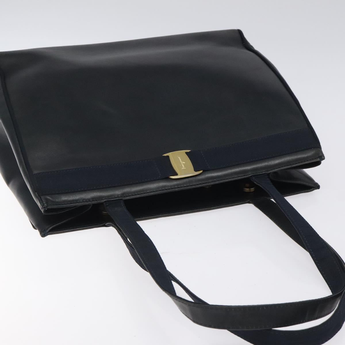 Salvatore Ferragamo Vala Tote Bag Leather Navy Gold Auth bs26090