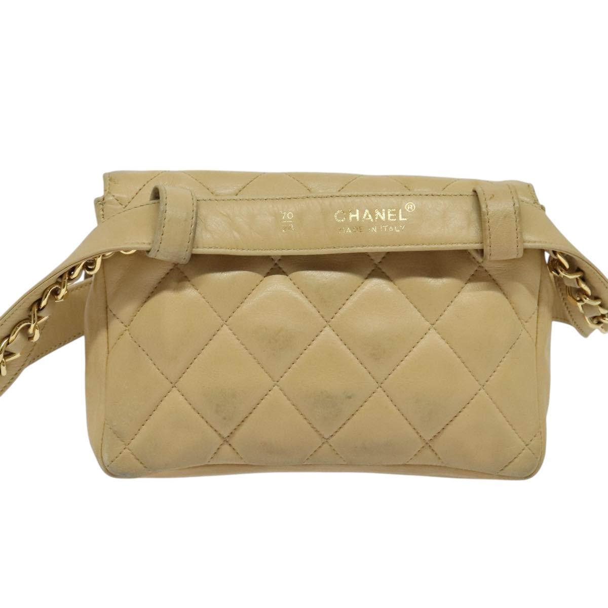 CHANEL Matelasse Chain Waist bag Lamb Skin Beige Gold CC Auth bs26213