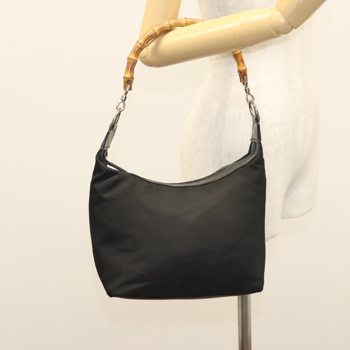 GUCCI Bamboo Hand Bag Nylon Black Silver 000 1956 0531 Auth bs26234