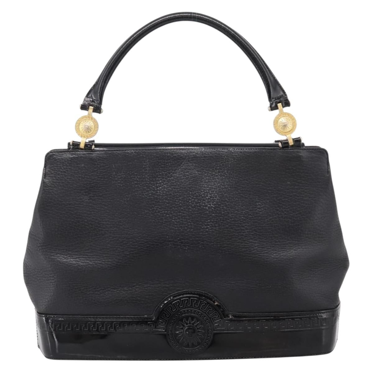 VERSACE Hand Bag Leather Black Gold Auth bs26249