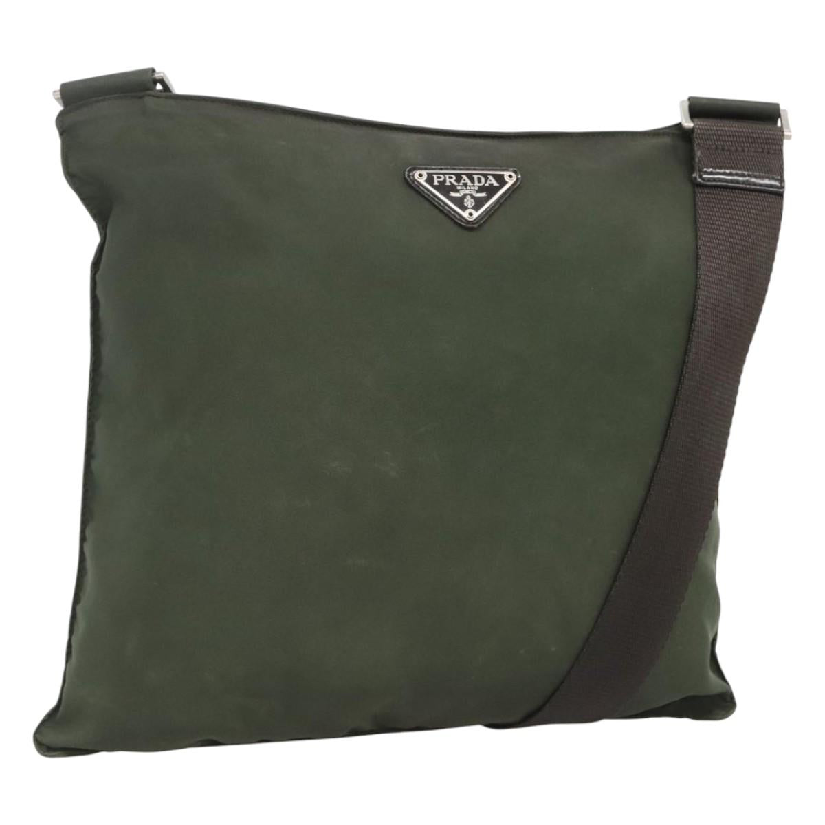 PRADA Shoulder Bag Nylon Khaki Silver Auth bs26349