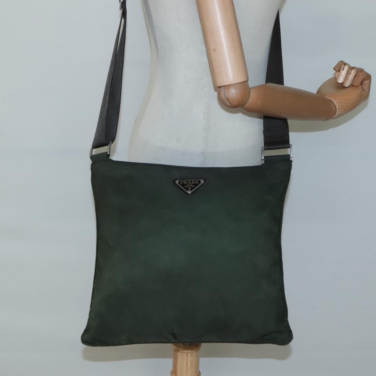 PRADA Shoulder Bag Nylon Khaki Silver Auth bs26349