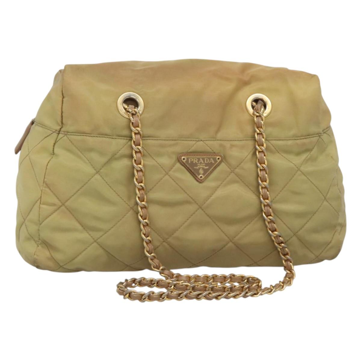 PRADA Chain Shoulder Bag Nylon Beige Gold Auth bs26352