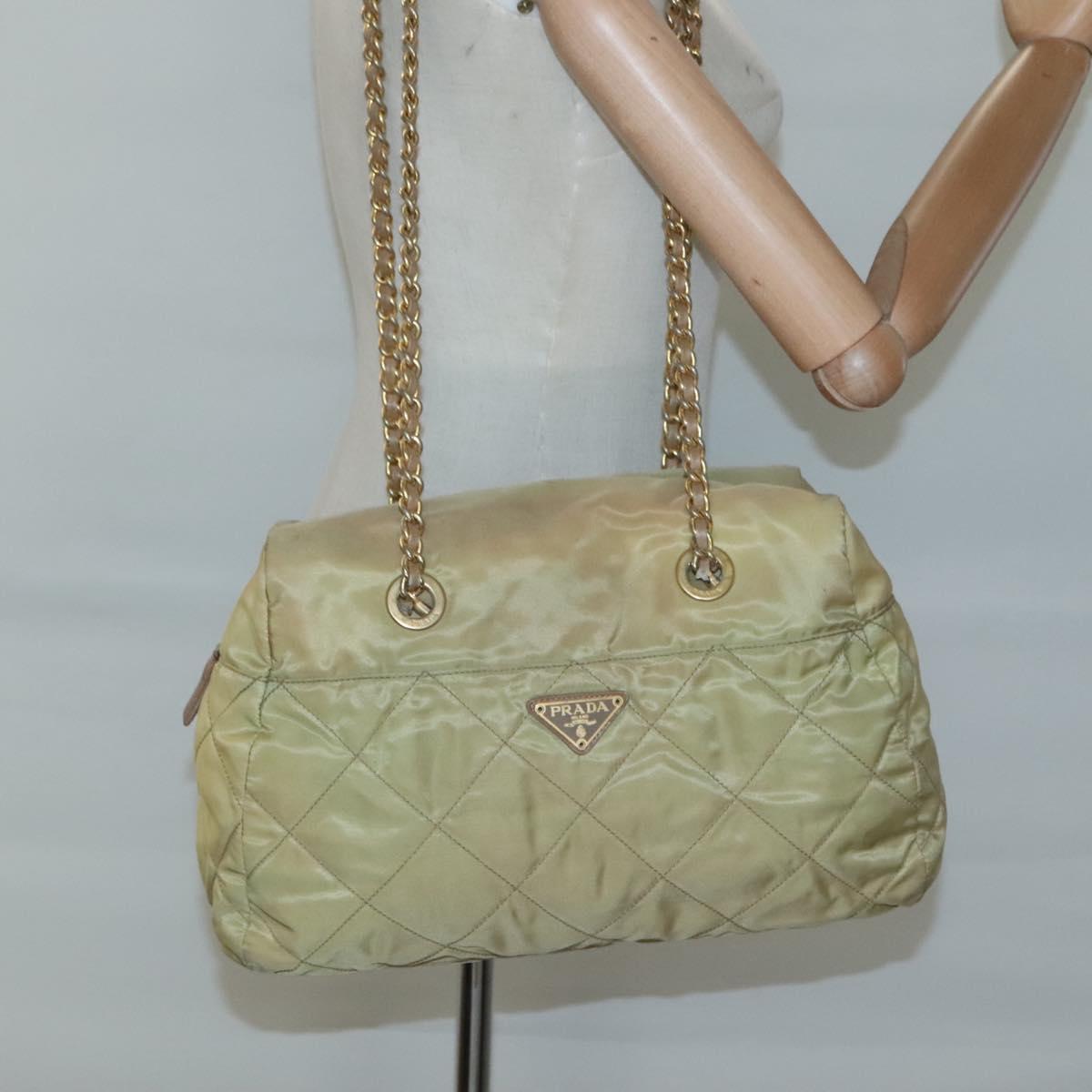 PRADA Chain Shoulder Bag Nylon Beige Gold Auth bs26352