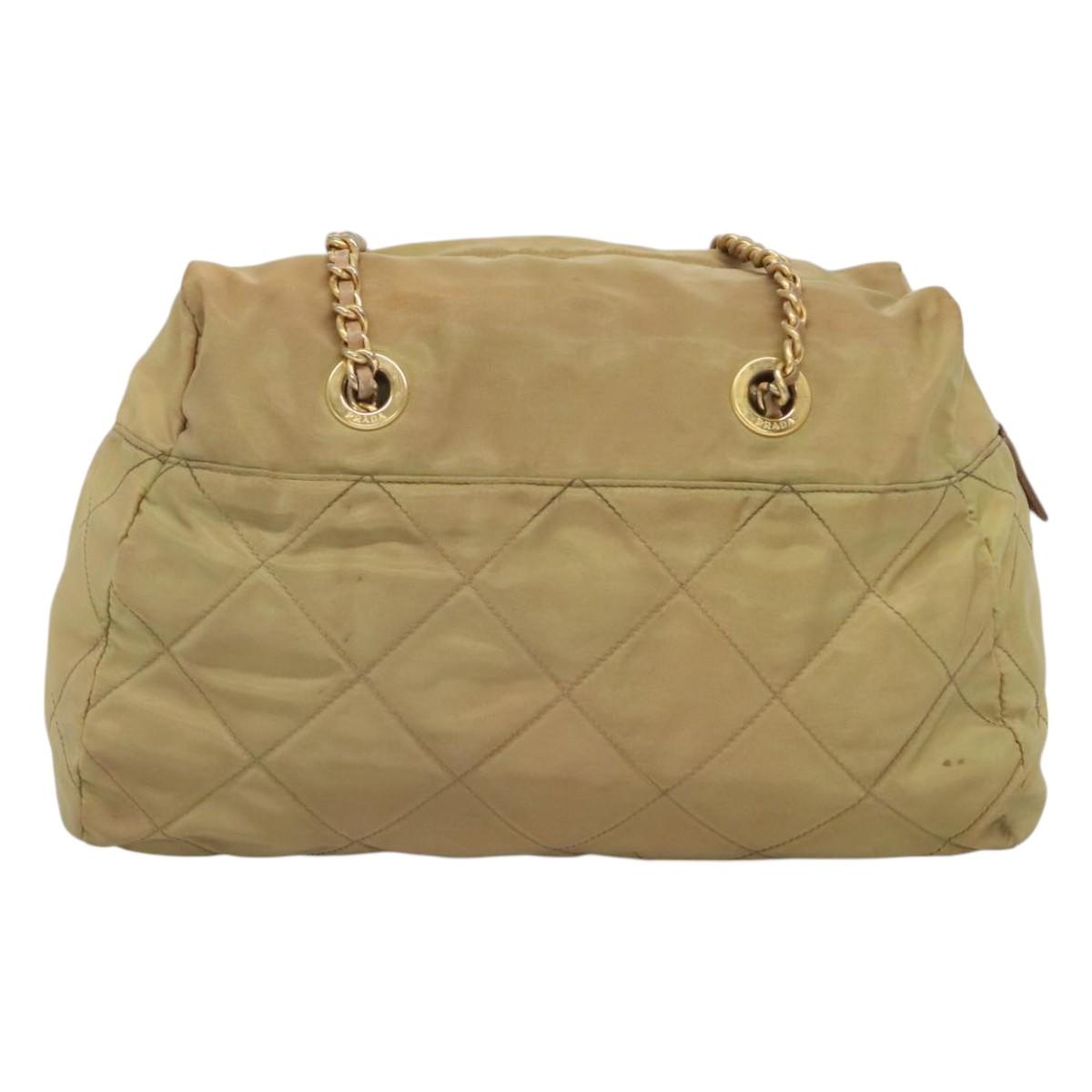 PRADA Chain Shoulder Bag Nylon Beige Gold Auth bs26352