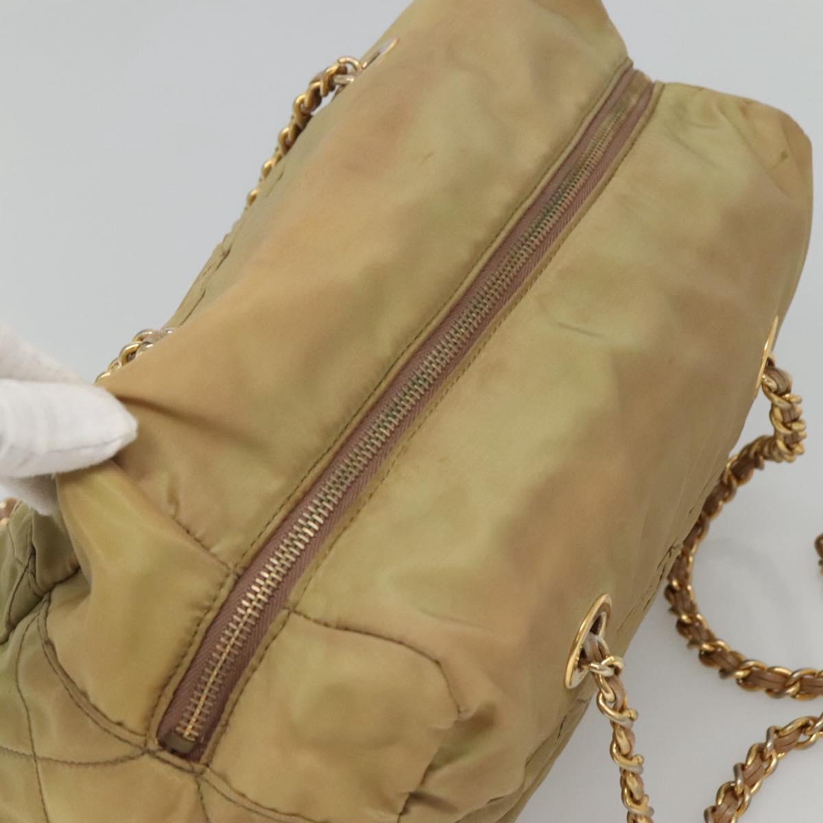 PRADA Chain Shoulder Bag Nylon Beige Gold Auth bs26352