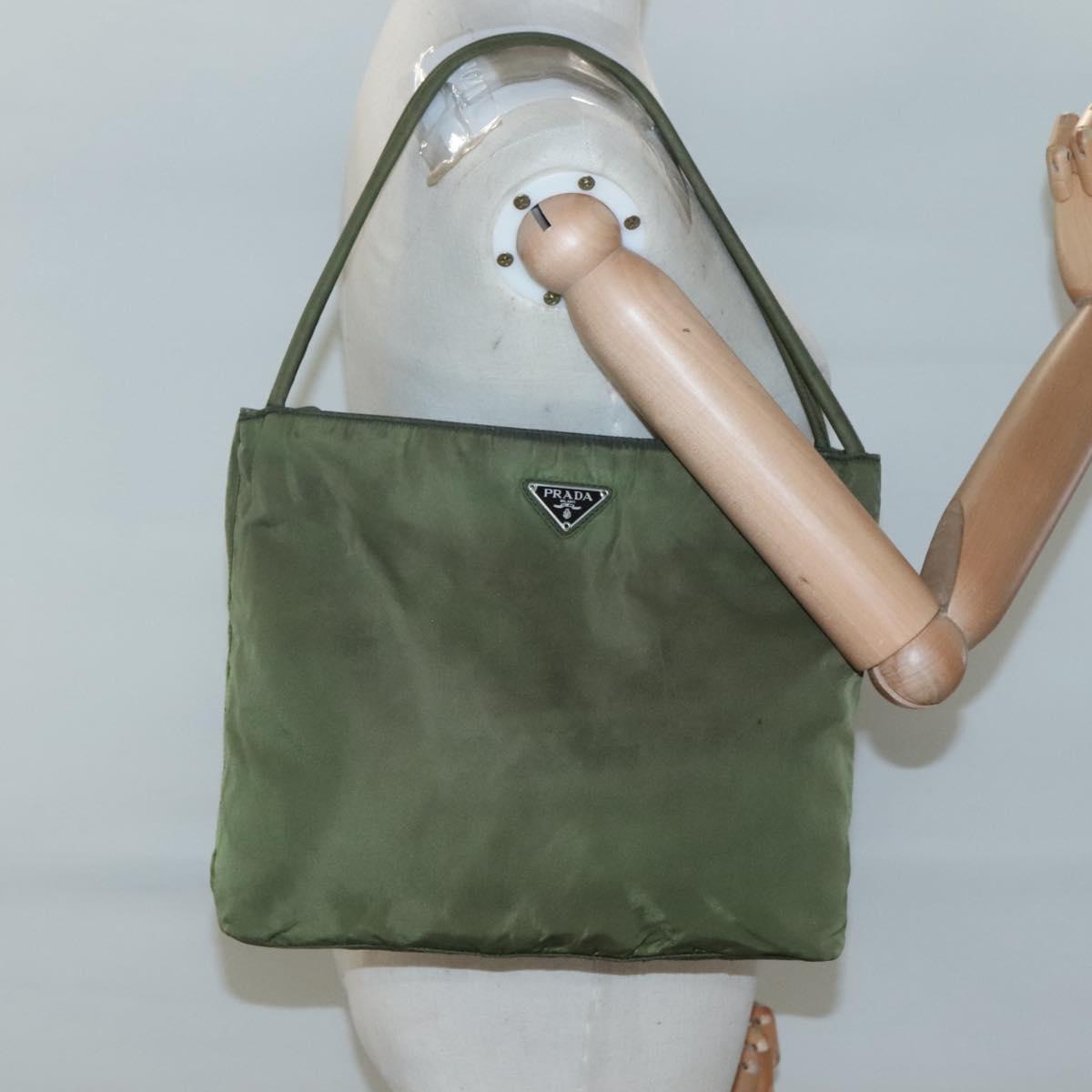 PRADA Shoulder Bag Nylon Khaki Silver Auth bs26358