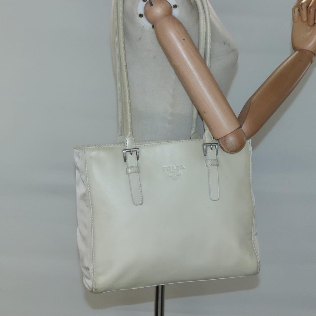 PRADA Shoulder Bag Leather nylon White Silver Auth bs26360