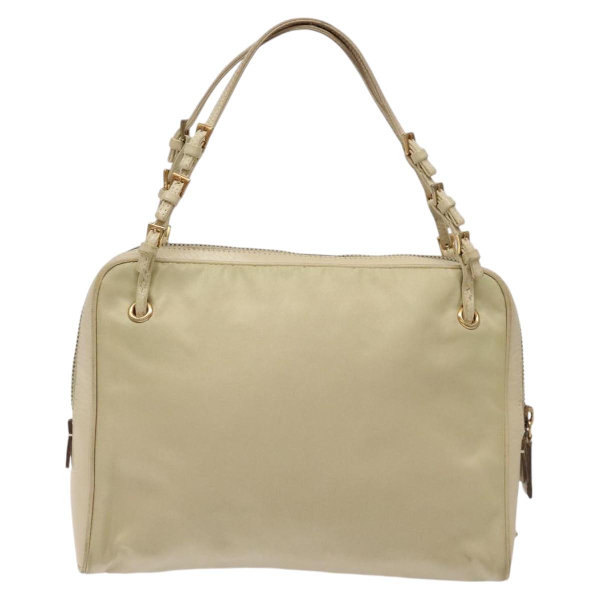 PRADA Hand Bag Nylon Leather Beige Gold Auth bs26363
