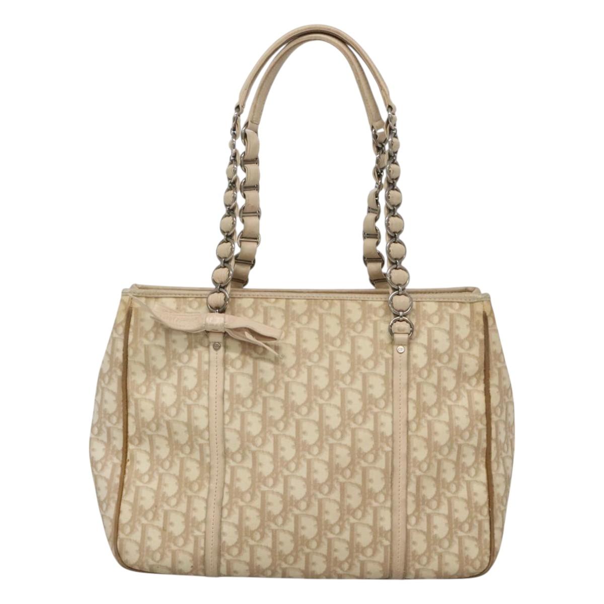 Christian Dior Trotter Canvas Romantic Bag PVC Beige Silver Auth bs26382