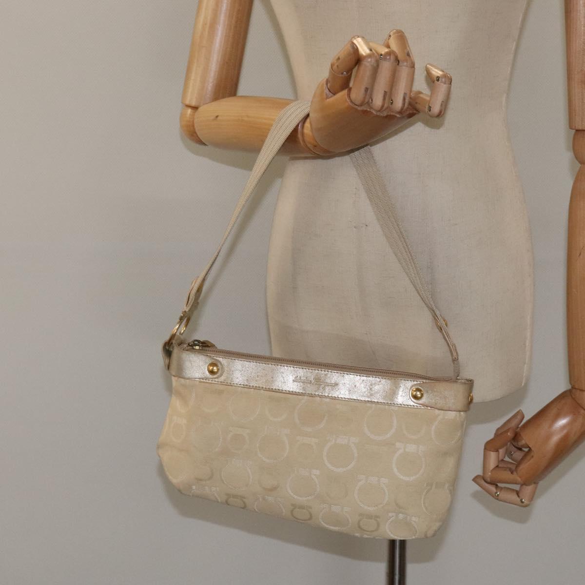 Salvatore Ferragamo Gancini Shoulder Bag Canvas Beige Gold Auth bs26398