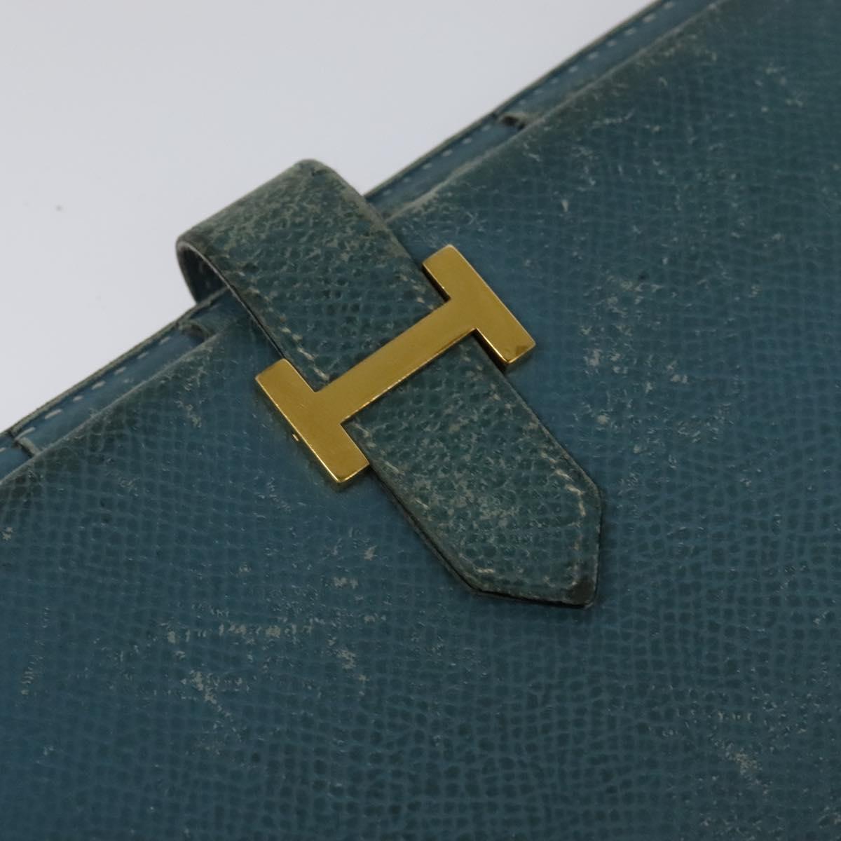 HERMES Bean Long Wallet Leather Blue Auth bs26436