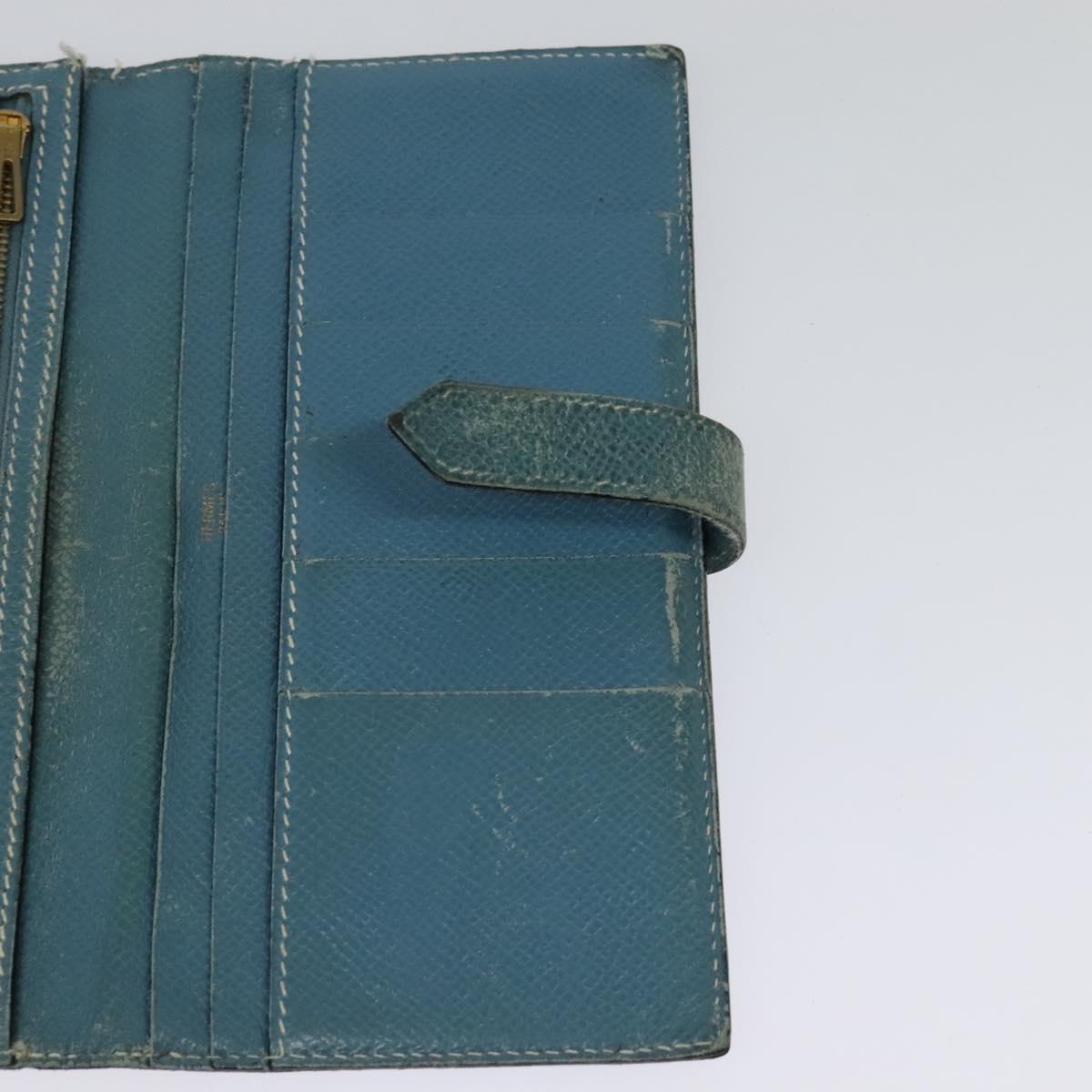 HERMES Bean Long Wallet Leather Blue Auth bs26436