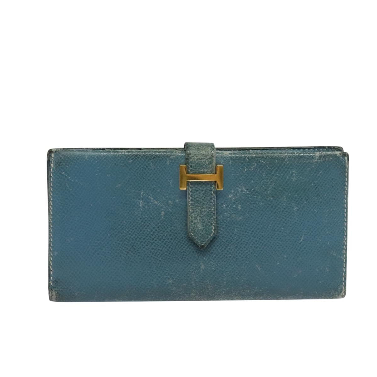 HERMES Bean Long Wallet Leather Blue Auth bs26436