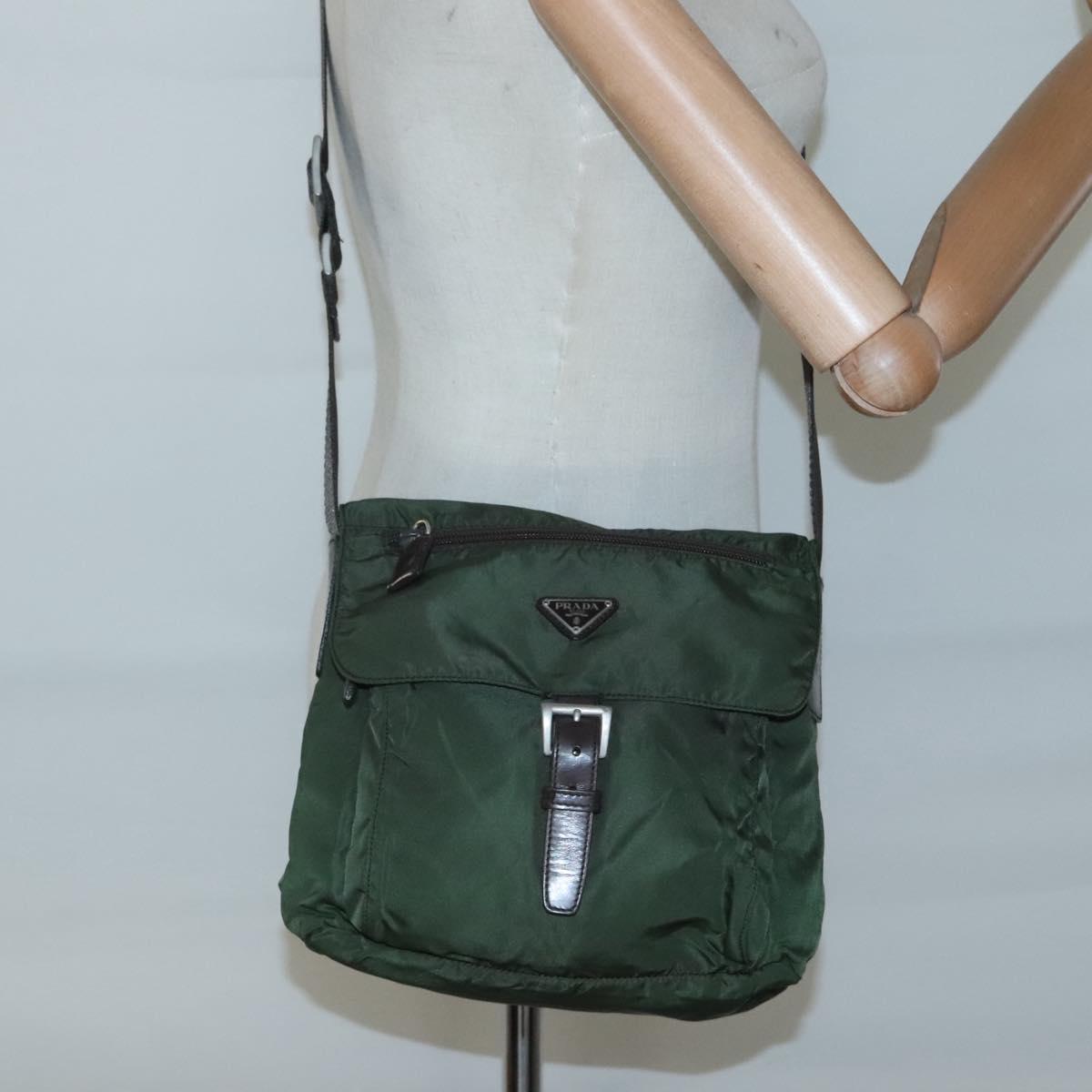 PRADA Shoulder Bag Nylon Khaki Silver Auth bs26478