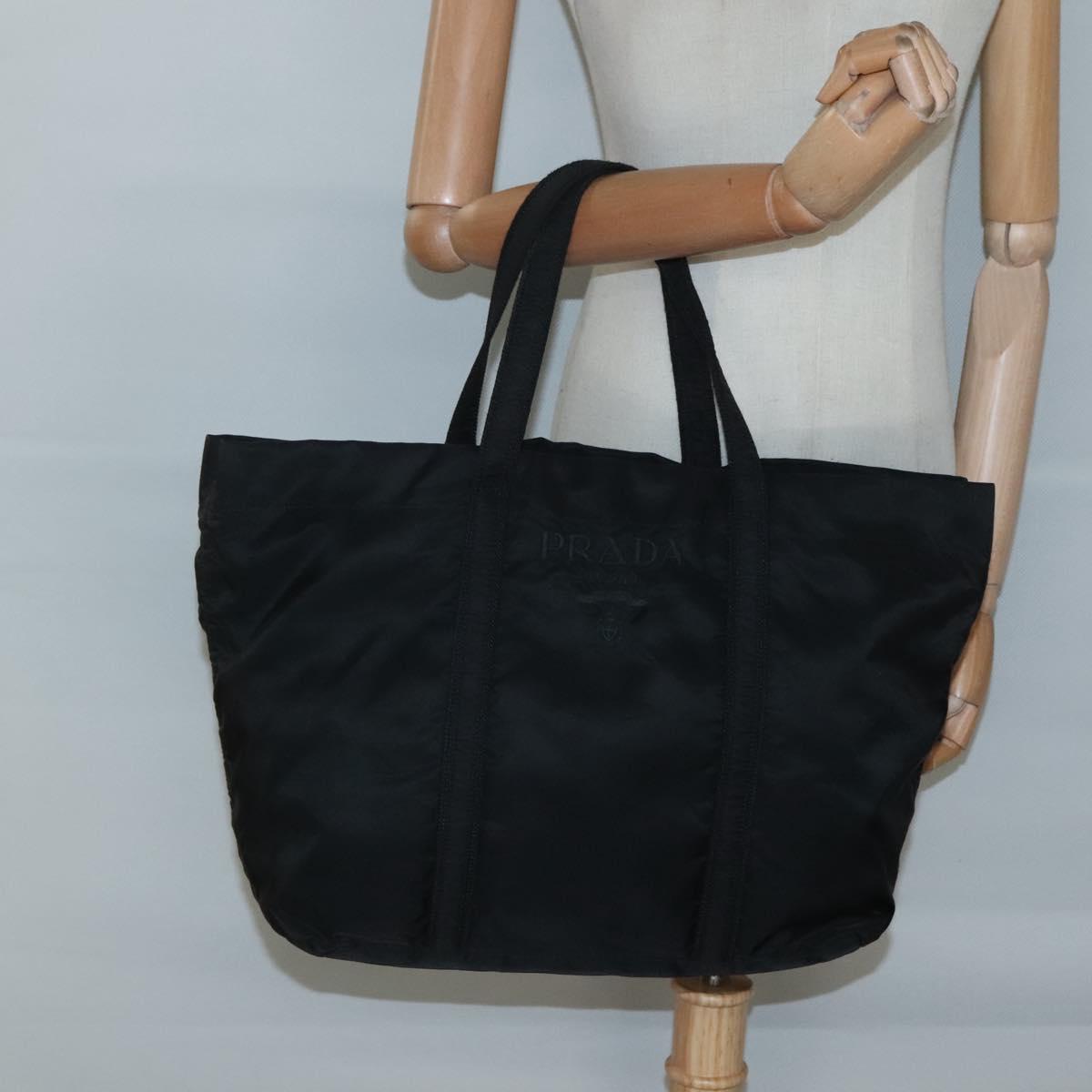 PRADA Tote Bag Nylon Black Silver Auth bs26479