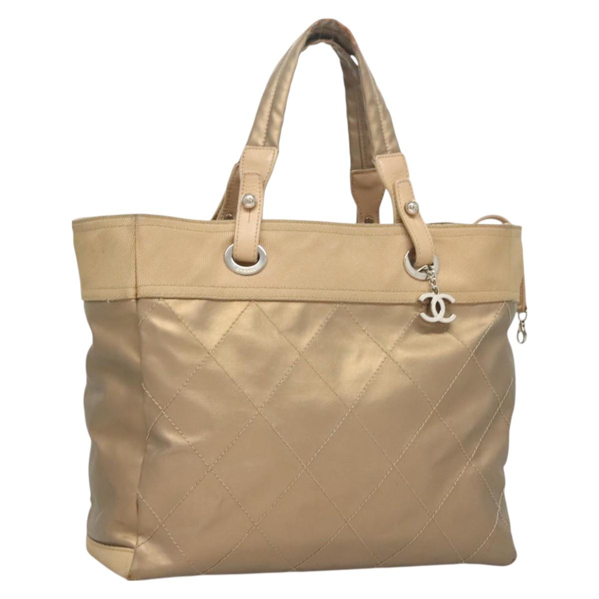 CHANEL Paris Biarritz MM Tote Bag Coated Canvas Beige Silver CC Auth bs26552