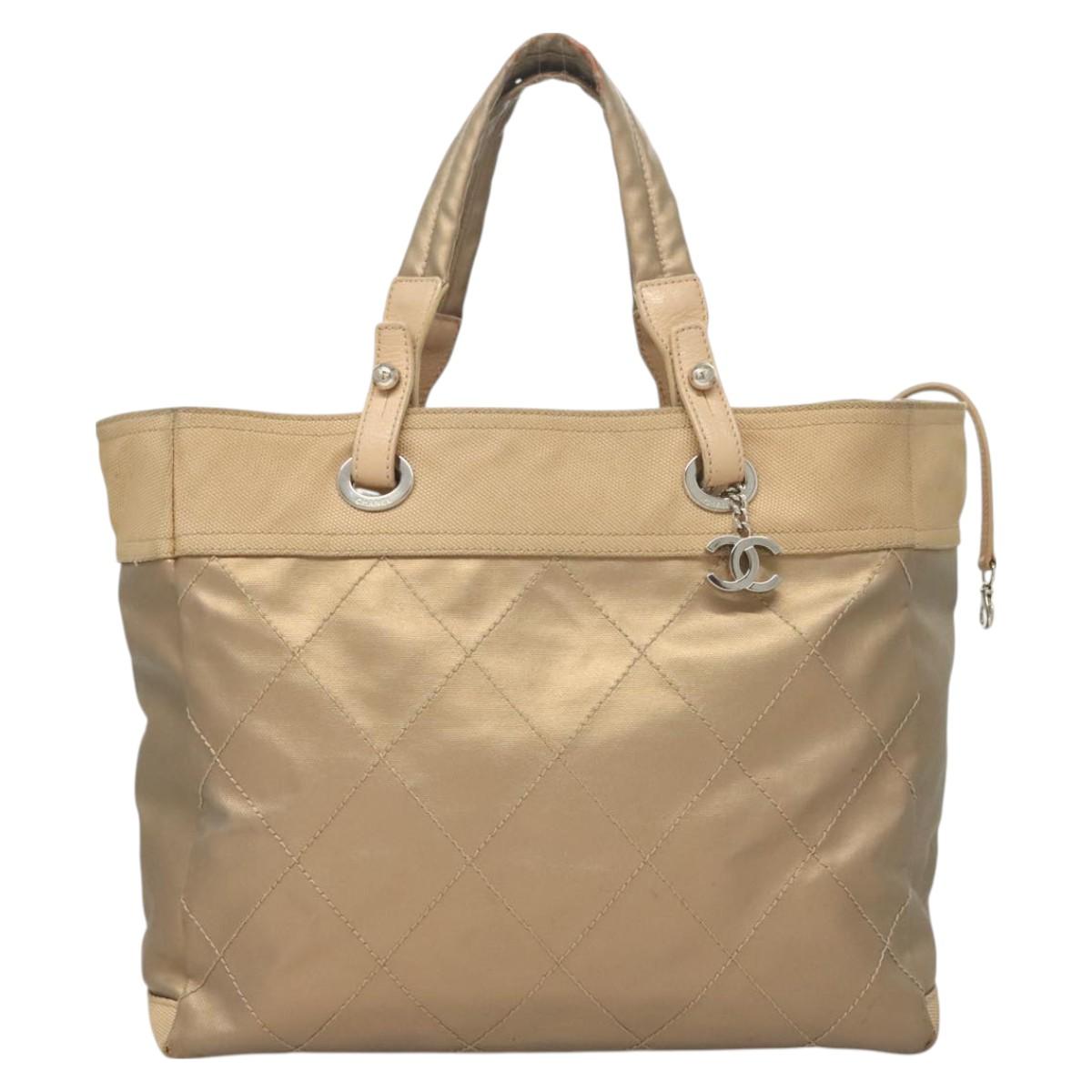 CHANEL Paris Biarritz MM Tote Bag Coated Canvas Beige Silver CC Auth bs26552